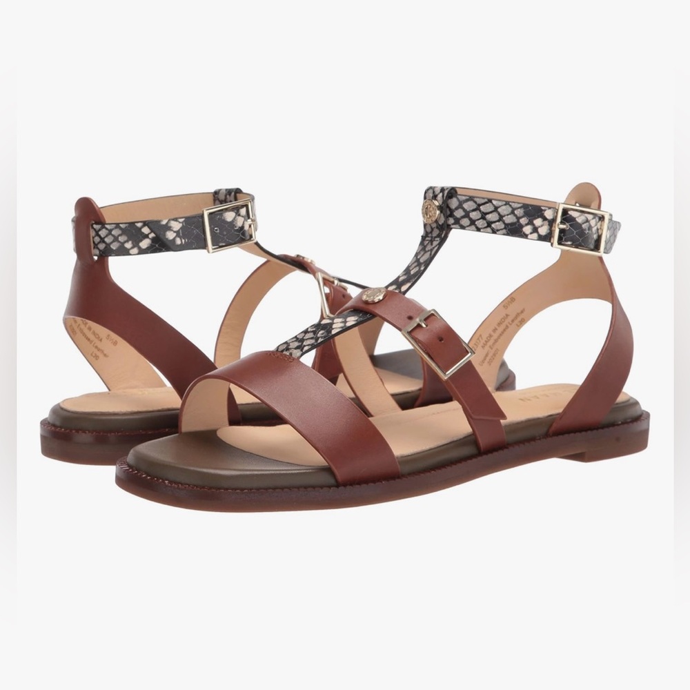 COLE HAAN GLADIATOR WREN UPPER EMBOSSED LEATHER SANDALS.